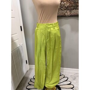 Nasty Gal Pants Womens 4 Green Satin Wide Leg Pleated High Waist Zip Pockets